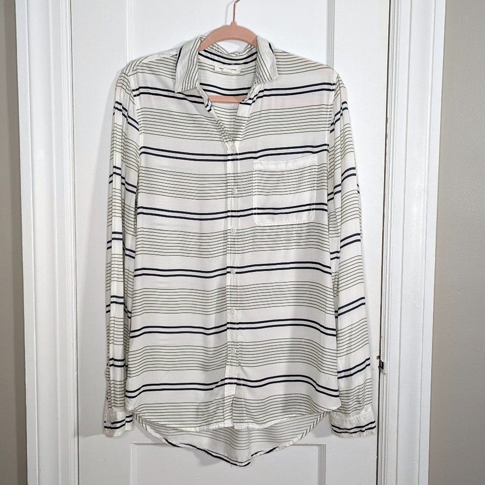 Beach Lunch Lounge | White Button Up Tunic Top Black & Green Stripes Women's Med